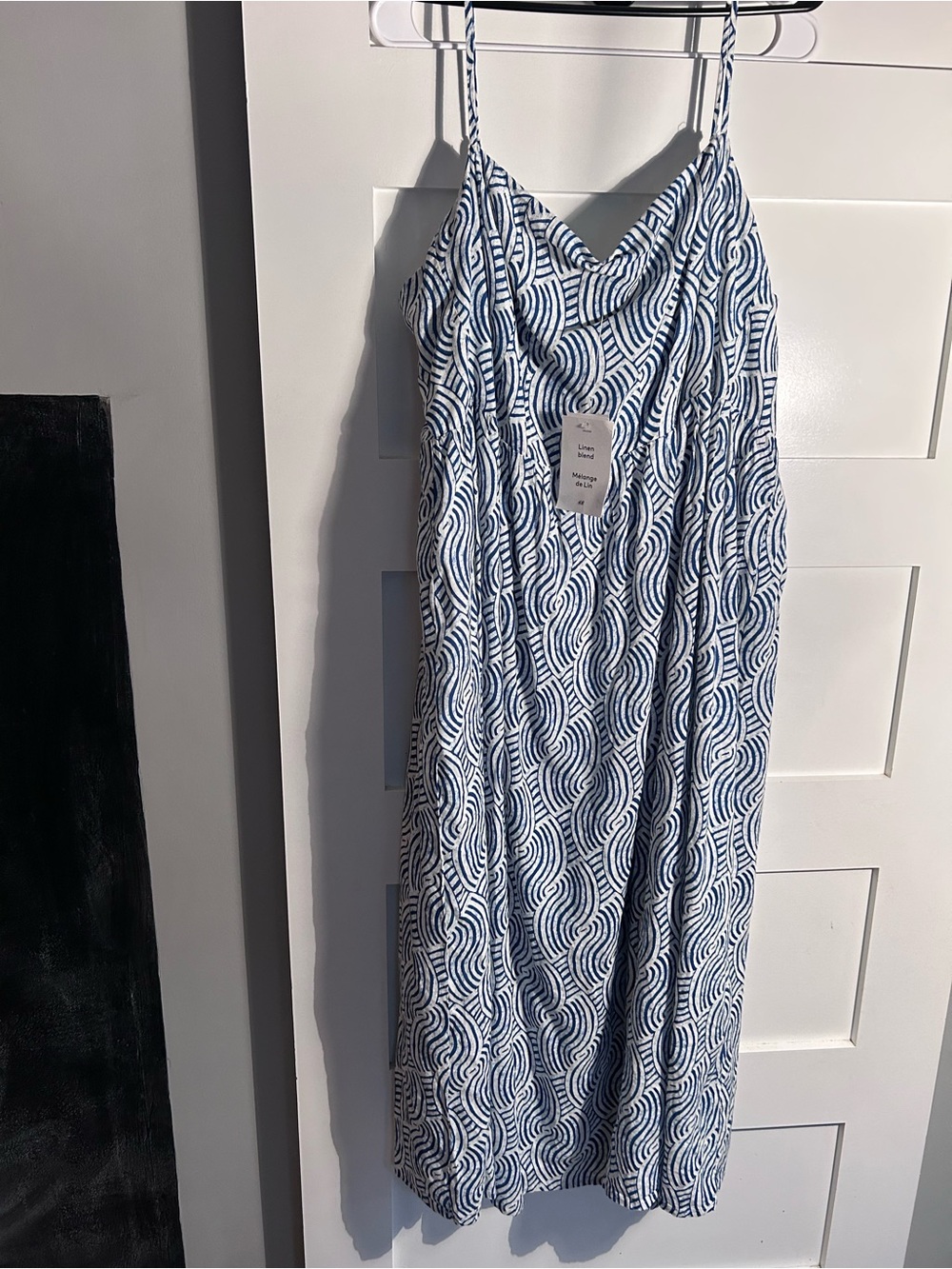 H&M White and Navy Printed Linen-Blend Maxi Dress XXL
